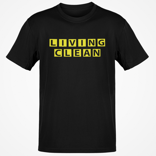 Black t-shirt with 'LIVING CLEAN' text in yellow on a white background
