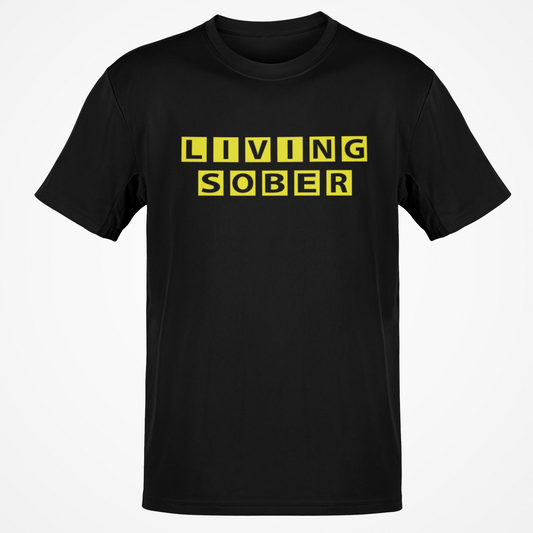 Black t-shirt with 'LIVING SOBER' text in yellow on a white background