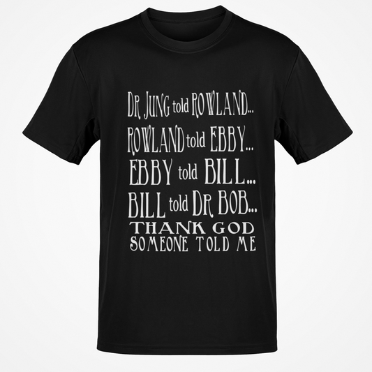 Black t-shirt with white text on a white background
